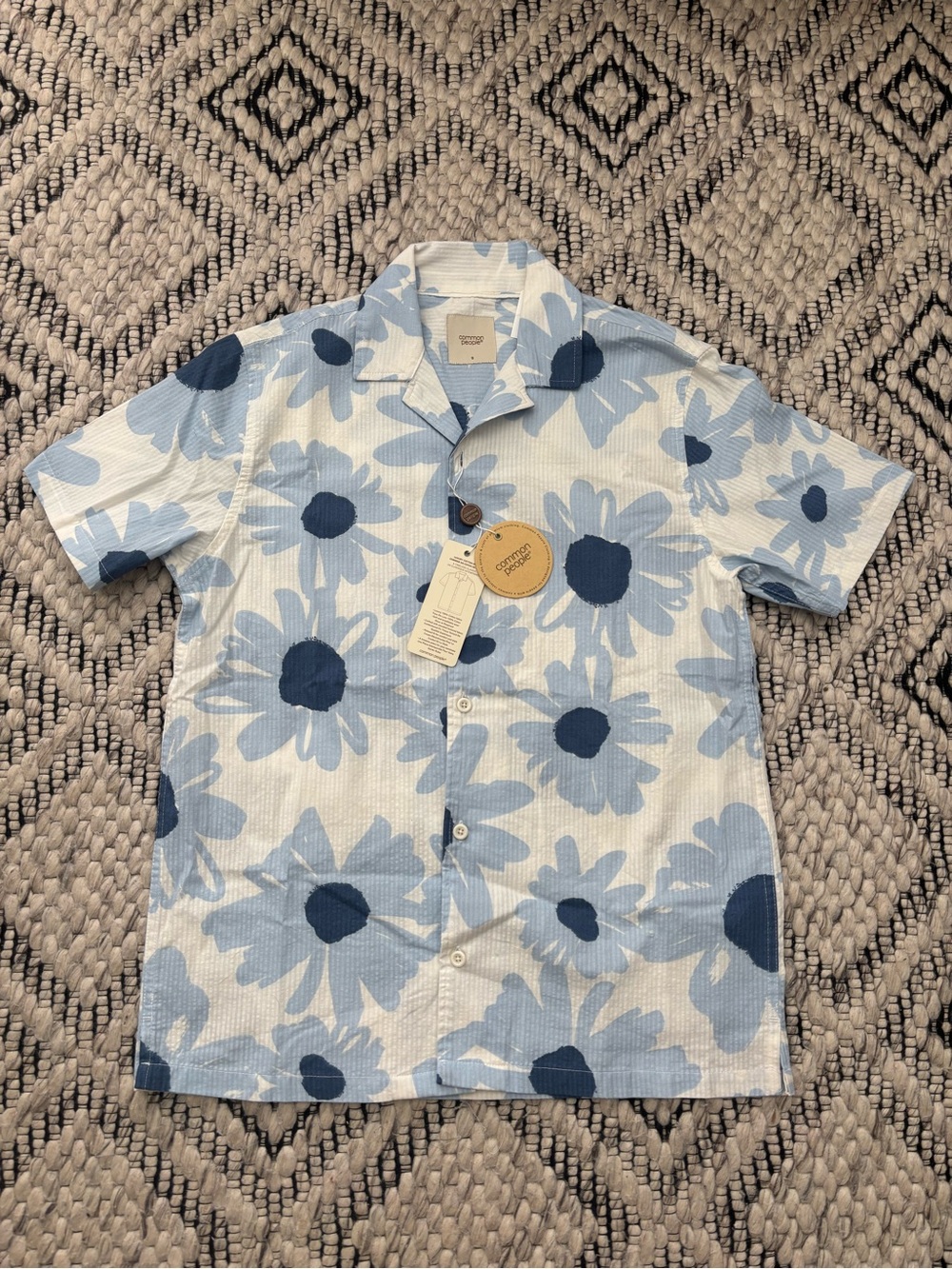 NWT Common People Men's Luxury CottonBlue Floral Short-Sleeve Button-Down Shirt